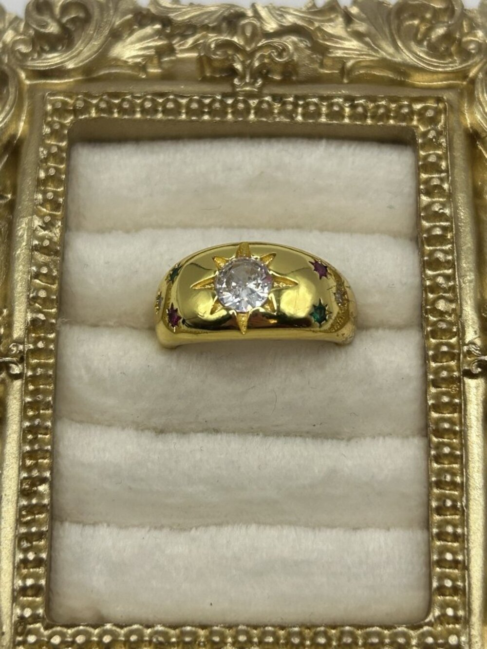 Vintage Gold Tone Starburst Adjustable Ring Clear Center Stone Size 7